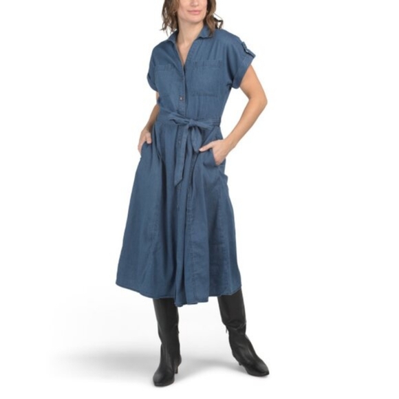 Ellen Tracy Dresses & Skirts - NWT - Ellen Tracy Denim V Neck Button Front Midi Dress w Tie Belt Waist -Size M